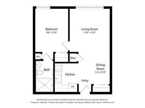 Floor plan for 1 bed, 1 bath, 561 sqft